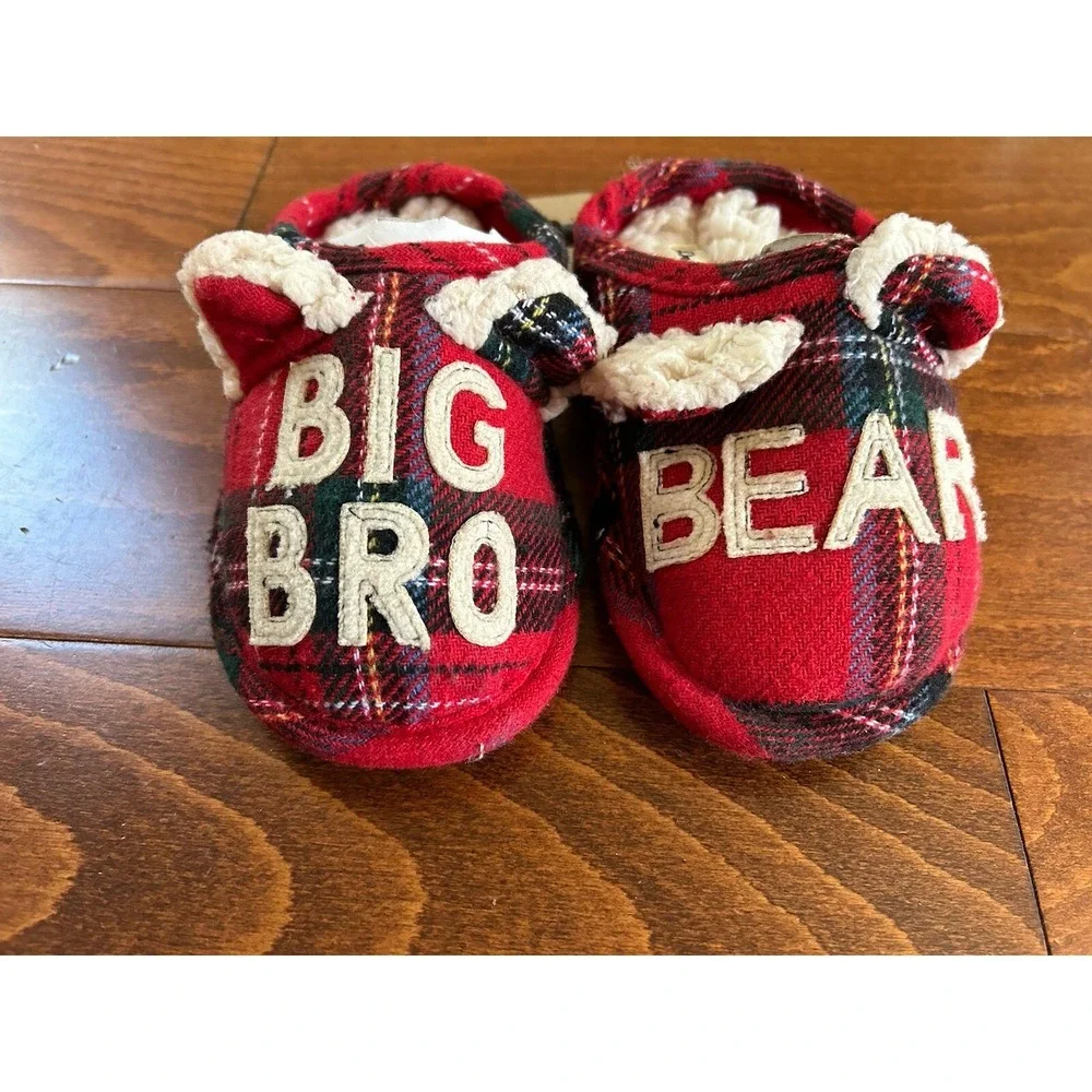 Dearfoams Kids Toddler Little Kids Big‎ Bro Bear Plaid Red Slippers NEW 7-8 US